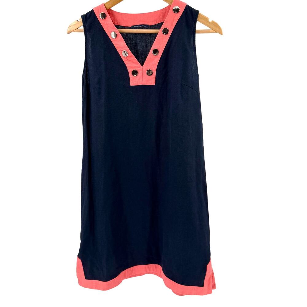 Tommy Hilfiger Navy Coral Colorblock Linen Snap Button Mini Dress